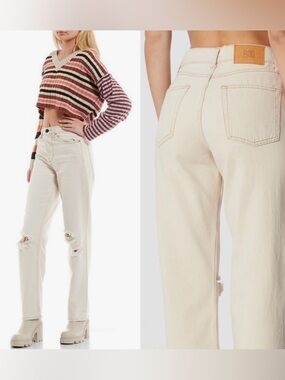 BDG Cream Distressed Straight-Leg Jeans